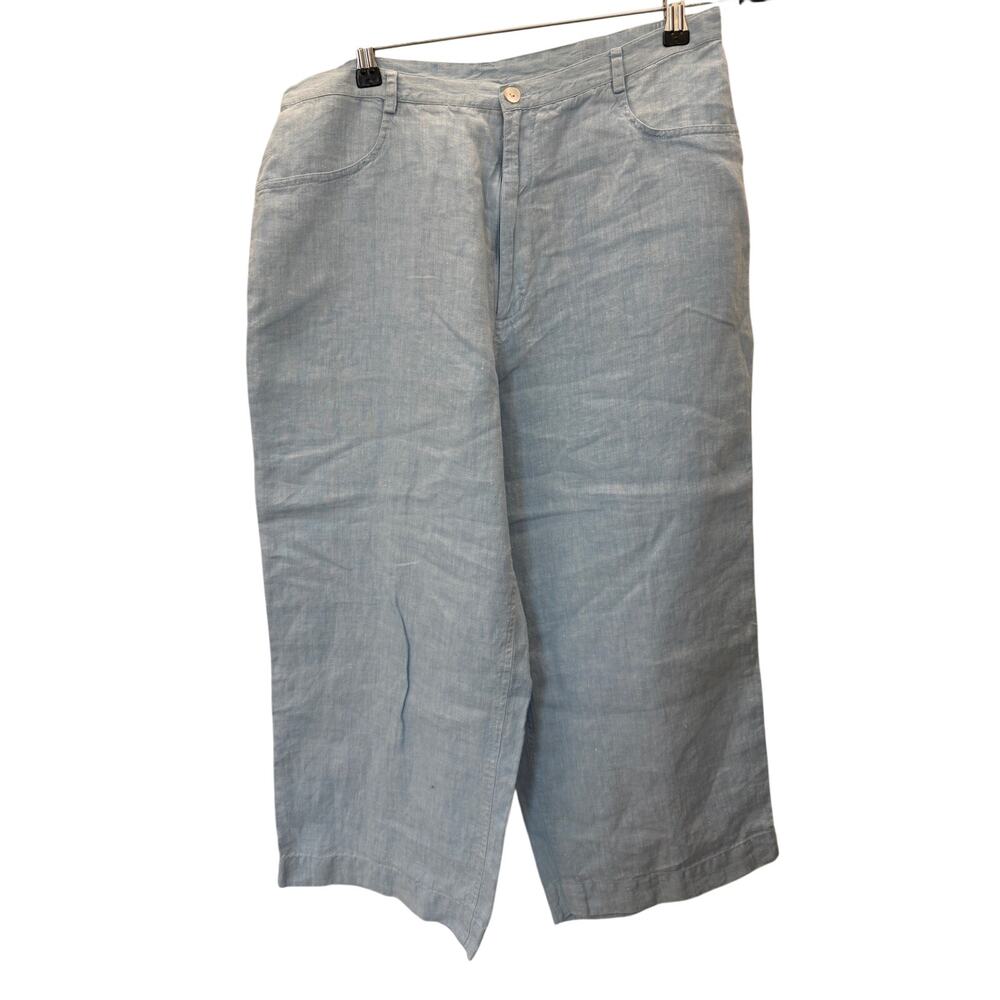 Chicos 2 Size 12 Large 100% Linen Wide Leg Cropped Pants Blue Chambray